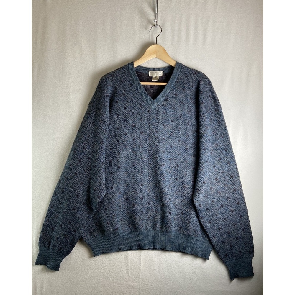 Tricots St Raphael XL 100% Merino Wool Blue V Neck Sweater Vintage Soft Knit